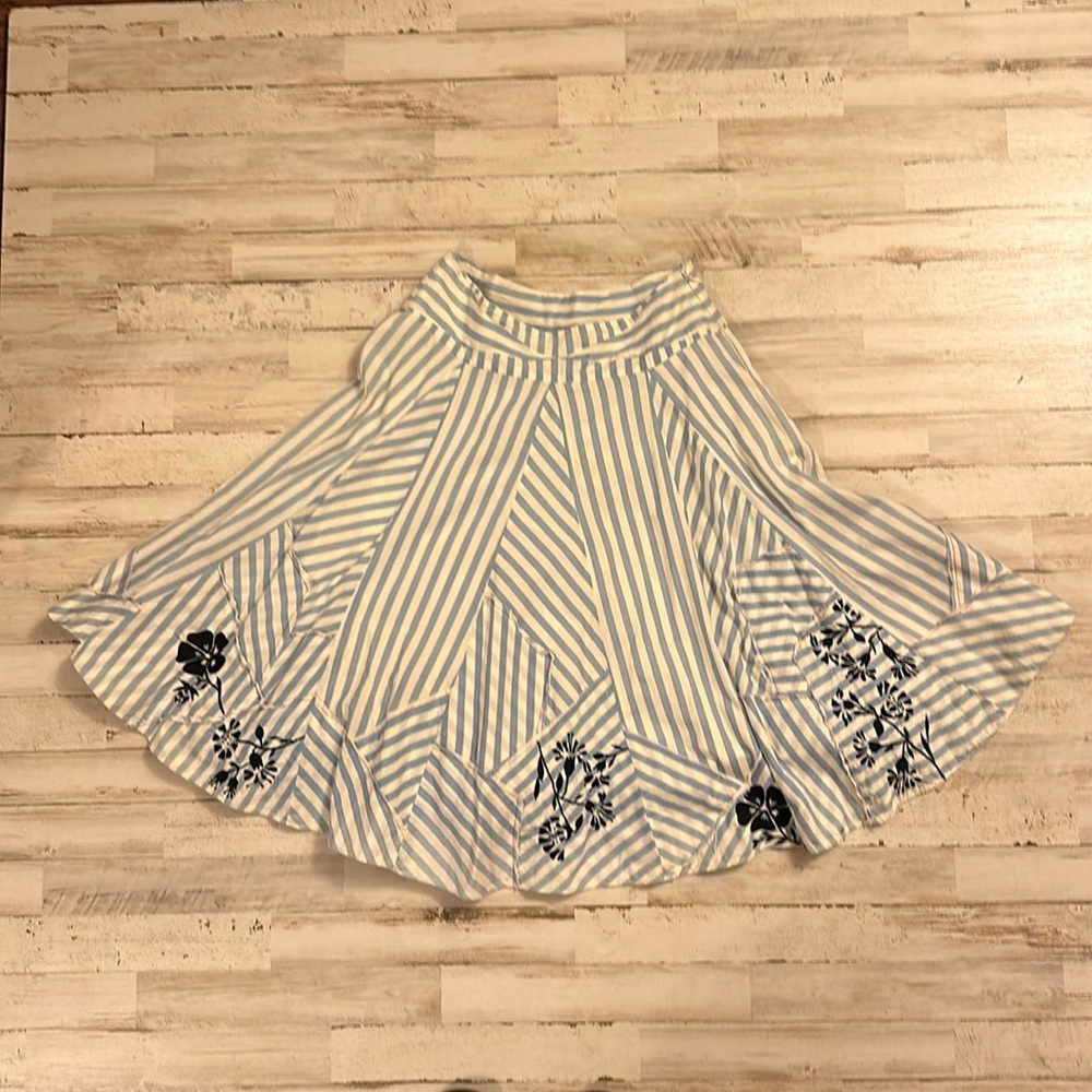 Anthropologie + Lithe Blue & White Striped Embroidered Floral Cotton Skirt